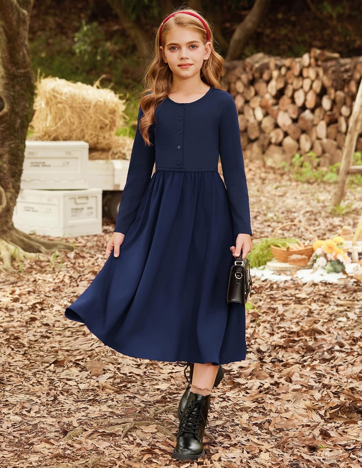 image:imageGRACE KARIN Girls Long Sleeve Maxi Dress Modest Fall Winter Casual 714YDark Blue