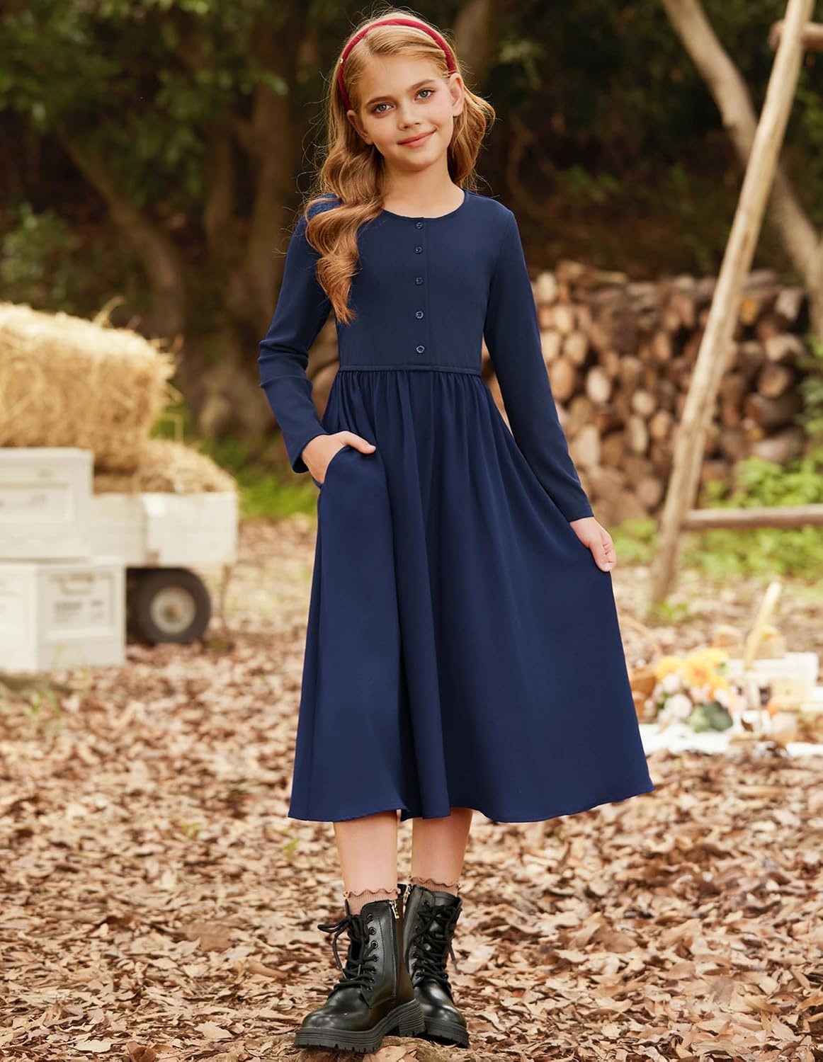 image:imageGRACE KARIN Girls Long Sleeve Maxi Dress Modest Fall Winter Casual 714YDark Blue