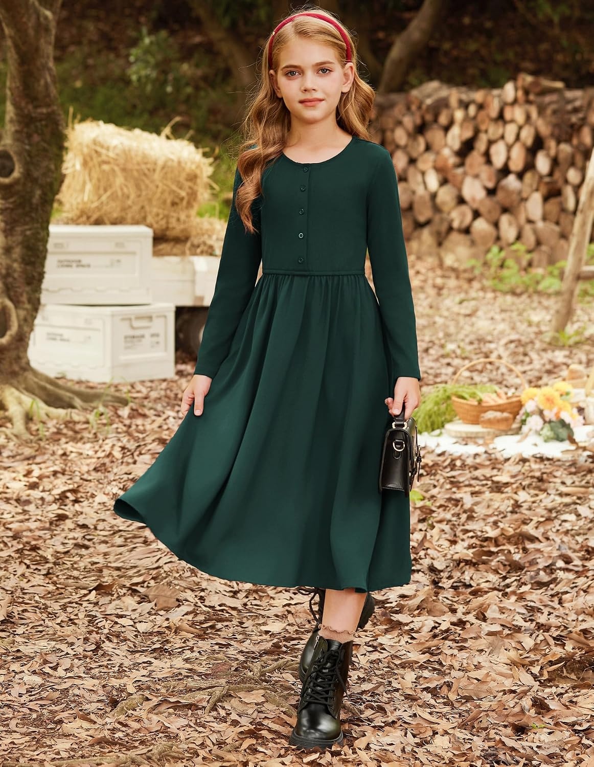 image:imageGRACE KARIN Girls Long Sleeve Maxi Dress Modest Fall Winter Casual 714YEmerald Green
