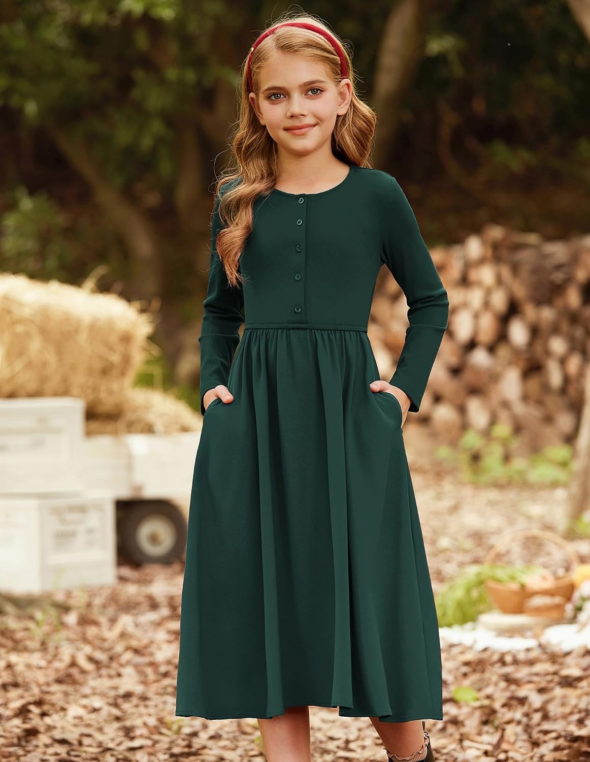 image:imageGRACE KARIN Girls Long Sleeve Maxi Dress Modest Fall Winter Casual 714YEmerald Green