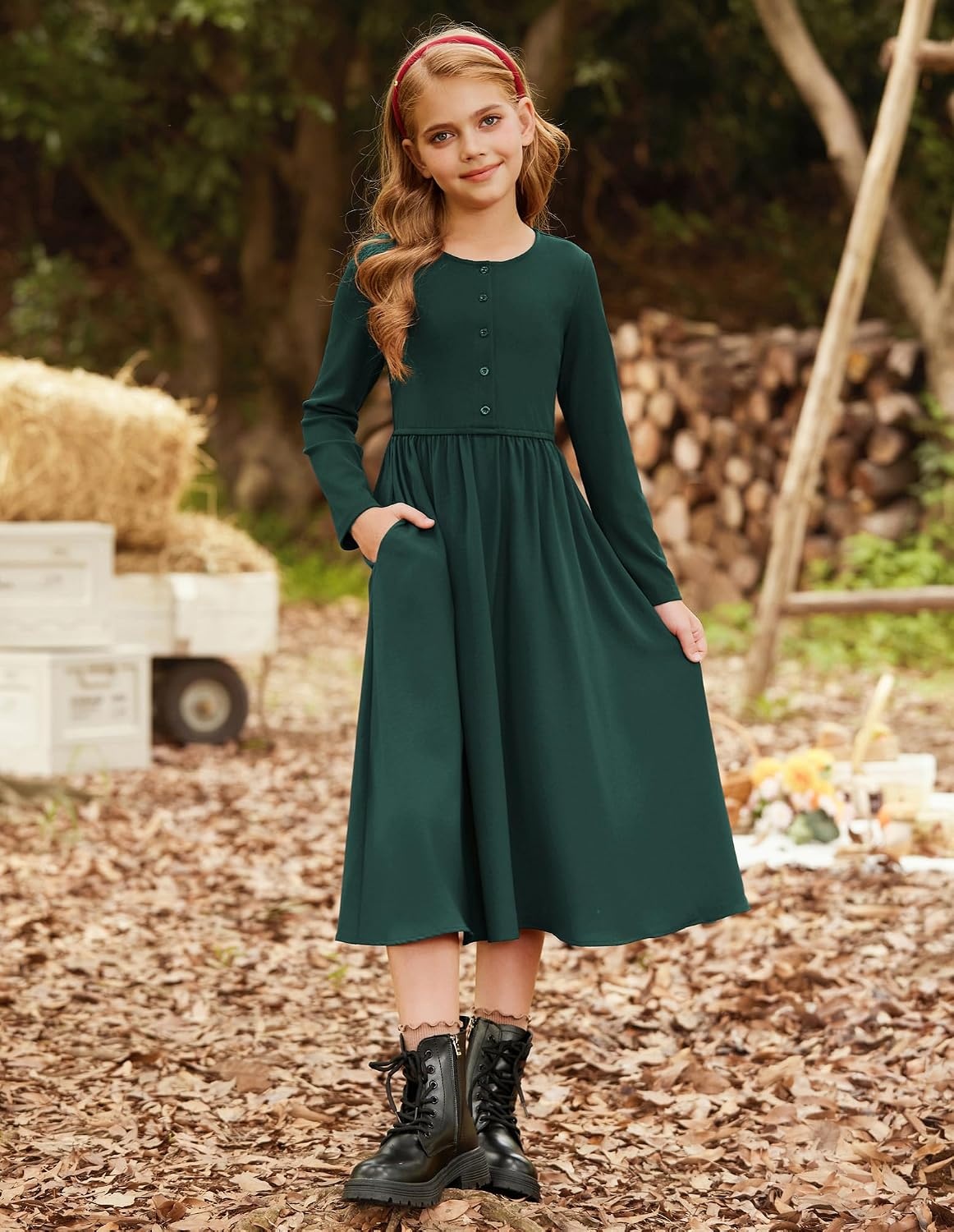 image:imageGRACE KARIN Girls Long Sleeve Maxi Dress Modest Fall Winter Casual 714YEmerald Green