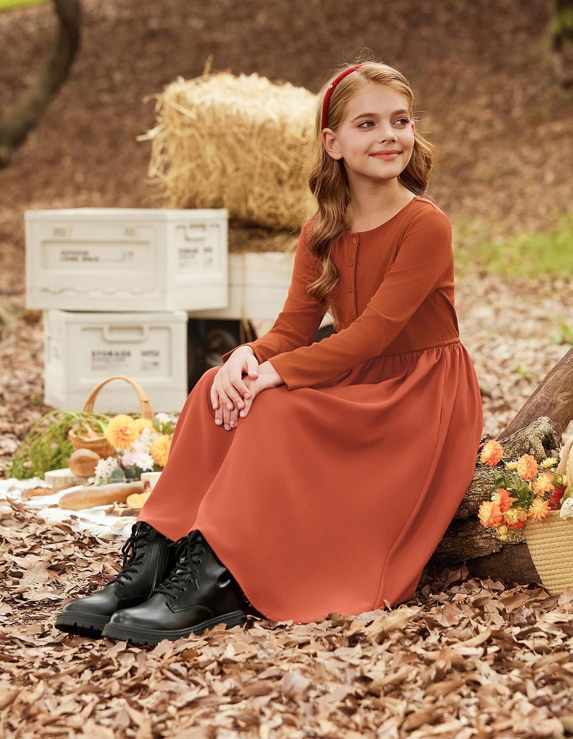 image:imageGRACE KARIN Girls Long Sleeve Maxi Dress Modest Fall Winter Casual 714YOrange
