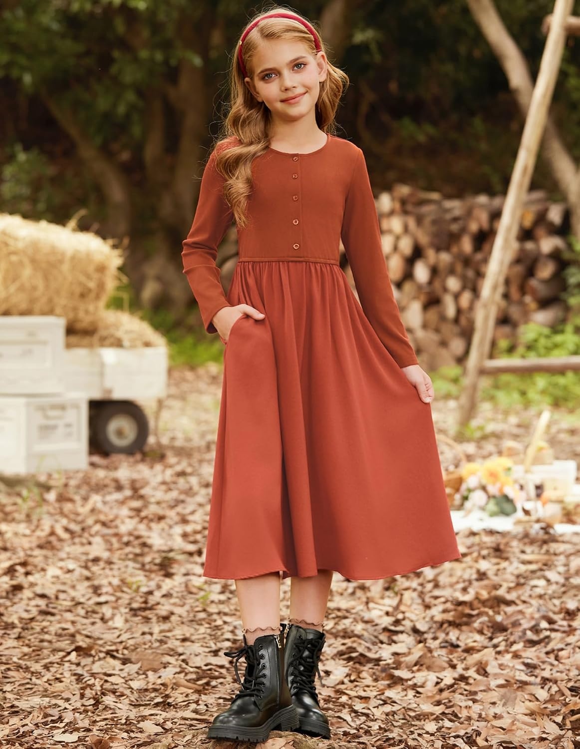image:imageGRACE KARIN Girls Long Sleeve Maxi Dress Modest Fall Winter Casual 714YOrange