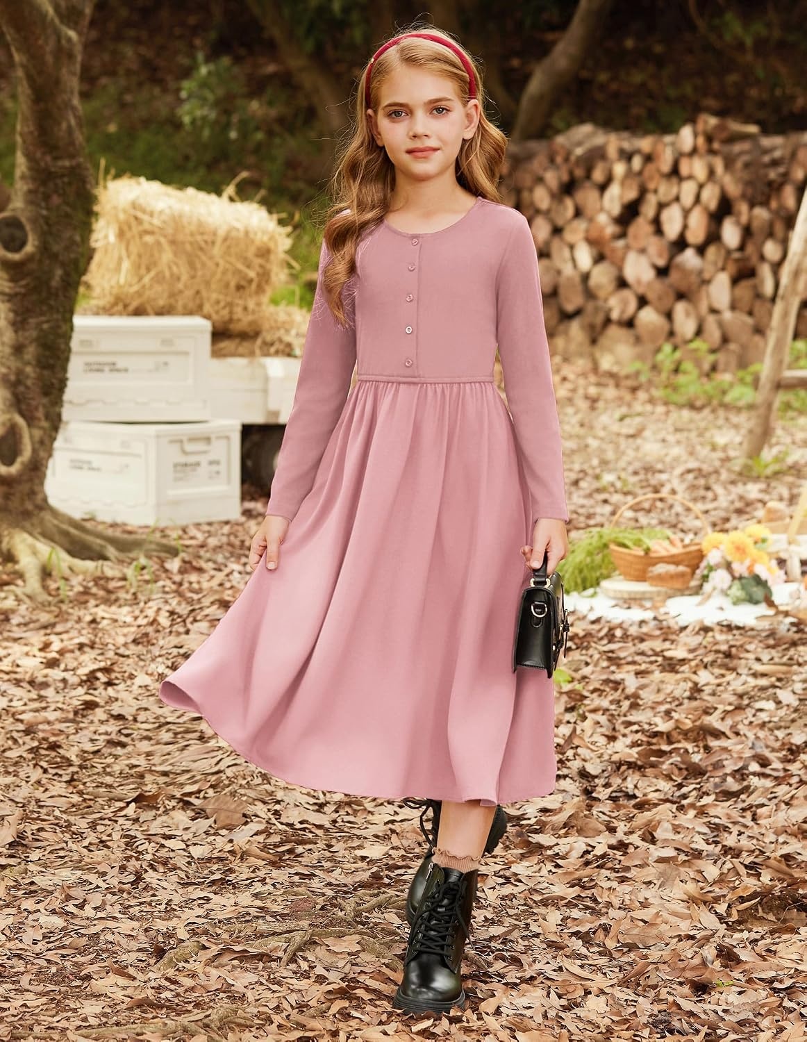 image:imageGRACE KARIN Girls Long Sleeve Maxi Dress Modest Fall Winter Casual 714YPink