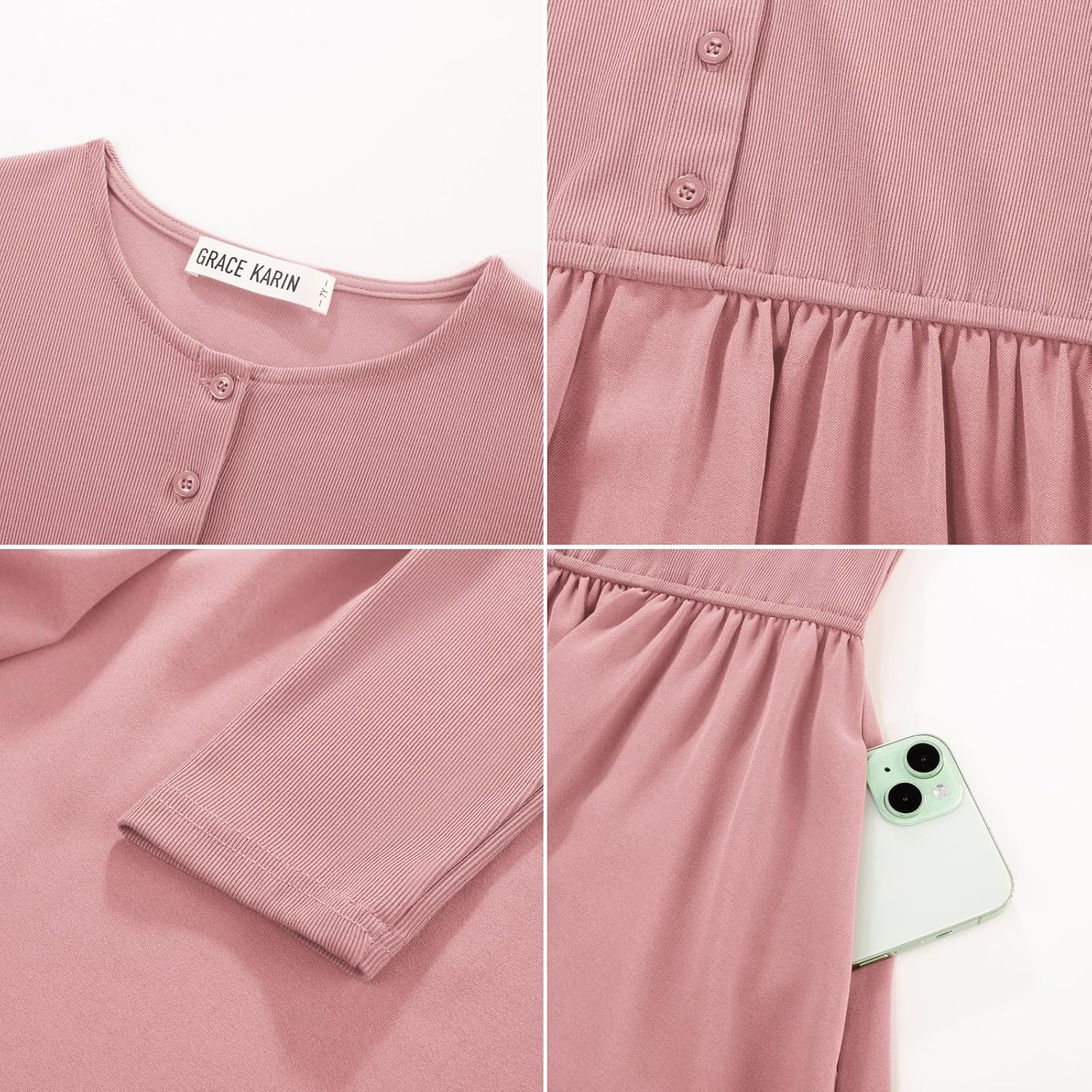 image:imageGRACE KARIN Girls Long Sleeve Maxi Dress Modest Fall Winter Casual 714YPink