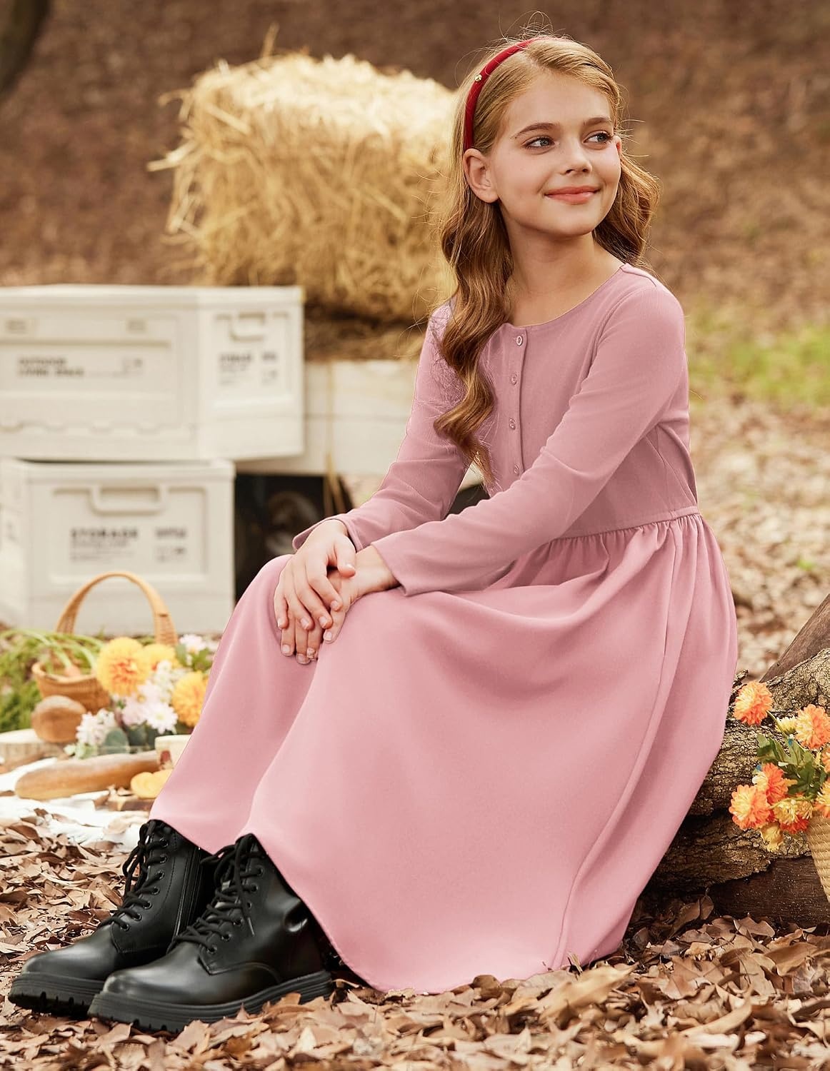 image:imageGRACE KARIN Girls Long Sleeve Maxi Dress Modest Fall Winter Casual 714YPink