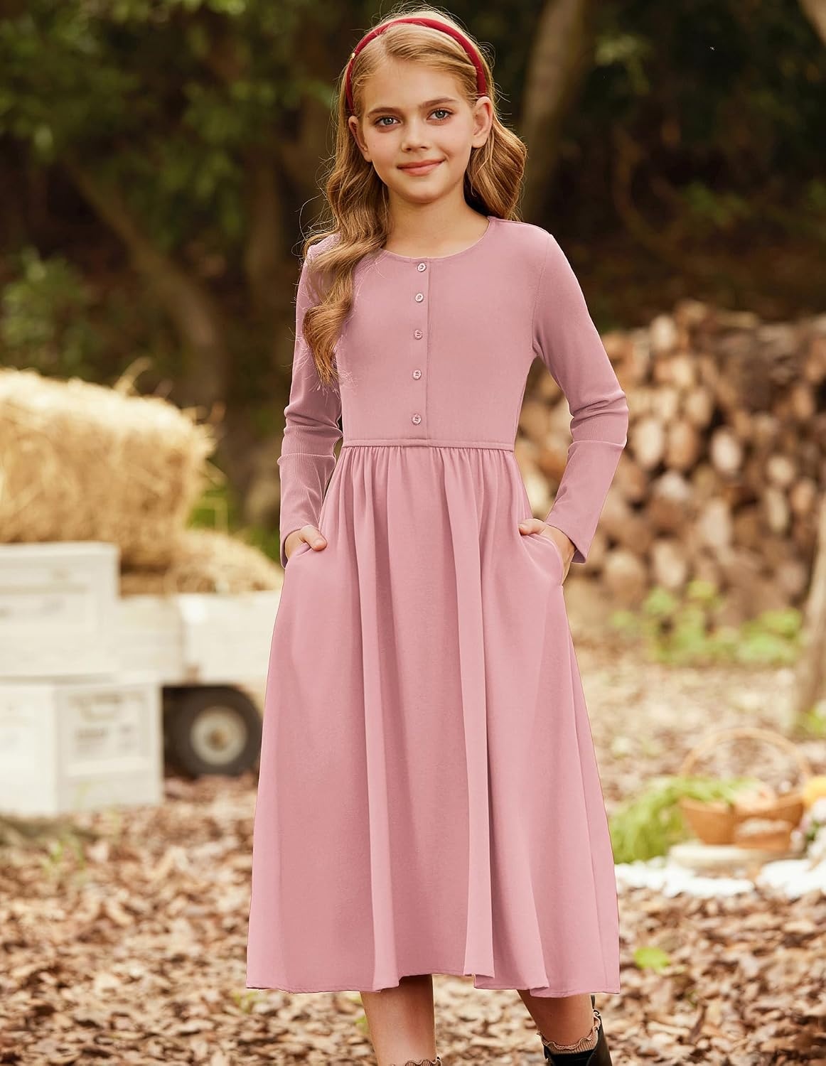 image:imageGRACE KARIN Girls Long Sleeve Maxi Dress Modest Fall Winter Casual 714YPink
