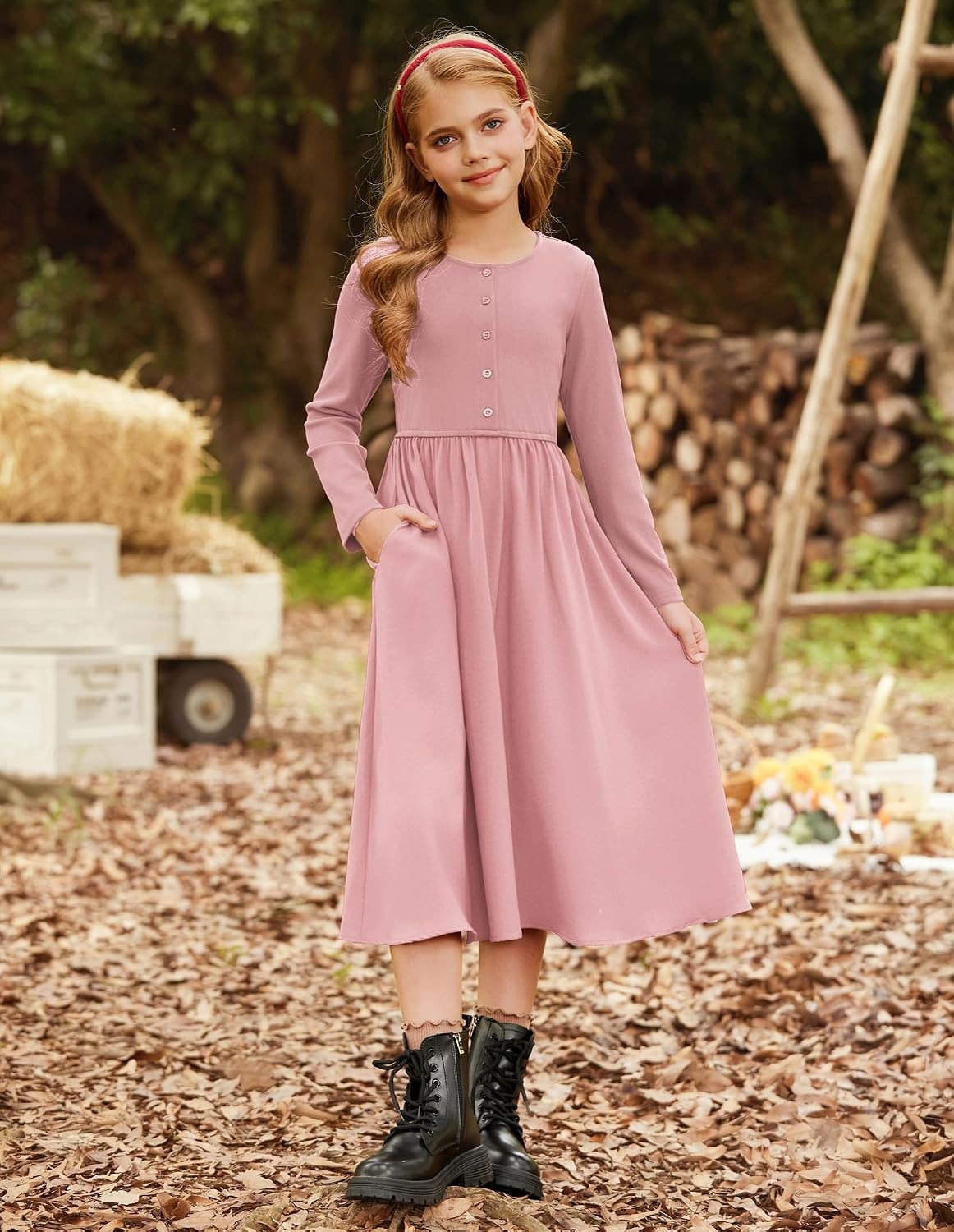 image:imageGRACE KARIN Girls Long Sleeve Maxi Dress Modest Fall Winter Casual 714YPink