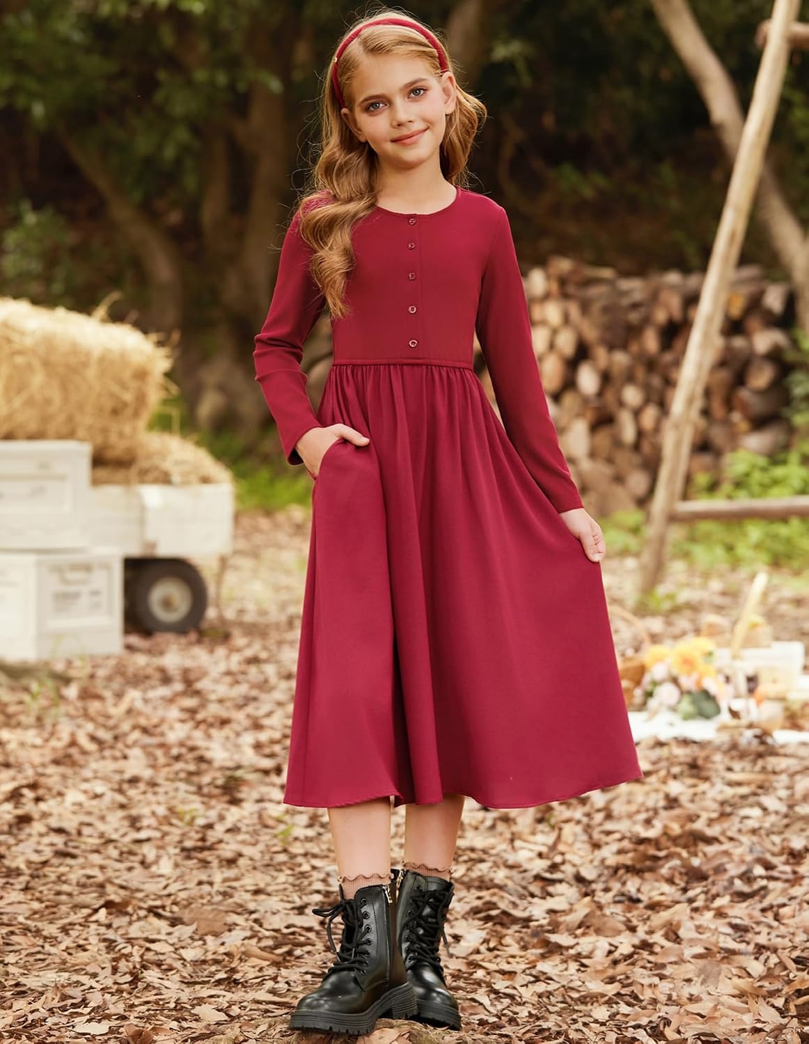 image:imageGRACE KARIN Girls Long Sleeve Maxi Dress Modest Fall Winter Casual 714YRed
