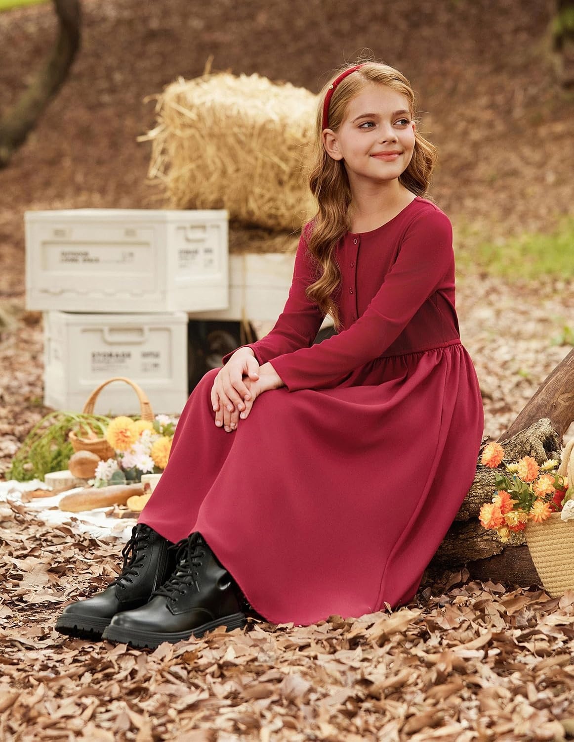 image:imageGRACE KARIN Girls Long Sleeve Maxi Dress Modest Fall Winter Casual 714YRed