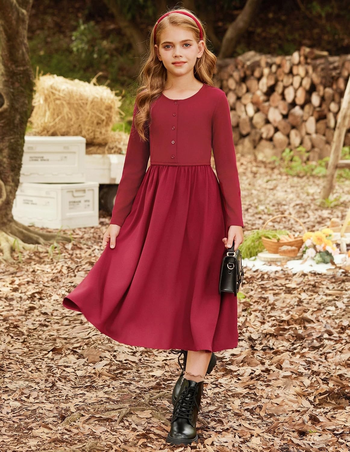 image:imageGRACE KARIN Girls Long Sleeve Maxi Dress Modest Fall Winter Casual 714YRed