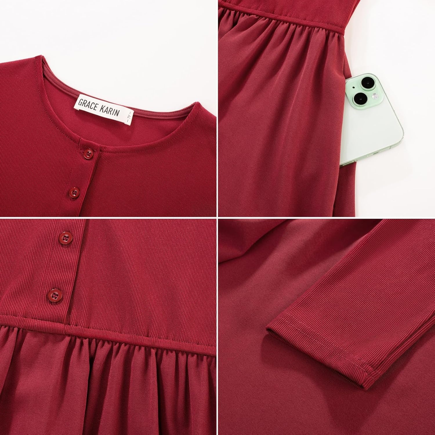 image:imageGRACE KARIN Girls Long Sleeve Maxi Dress Modest Fall Winter Casual 714YRed