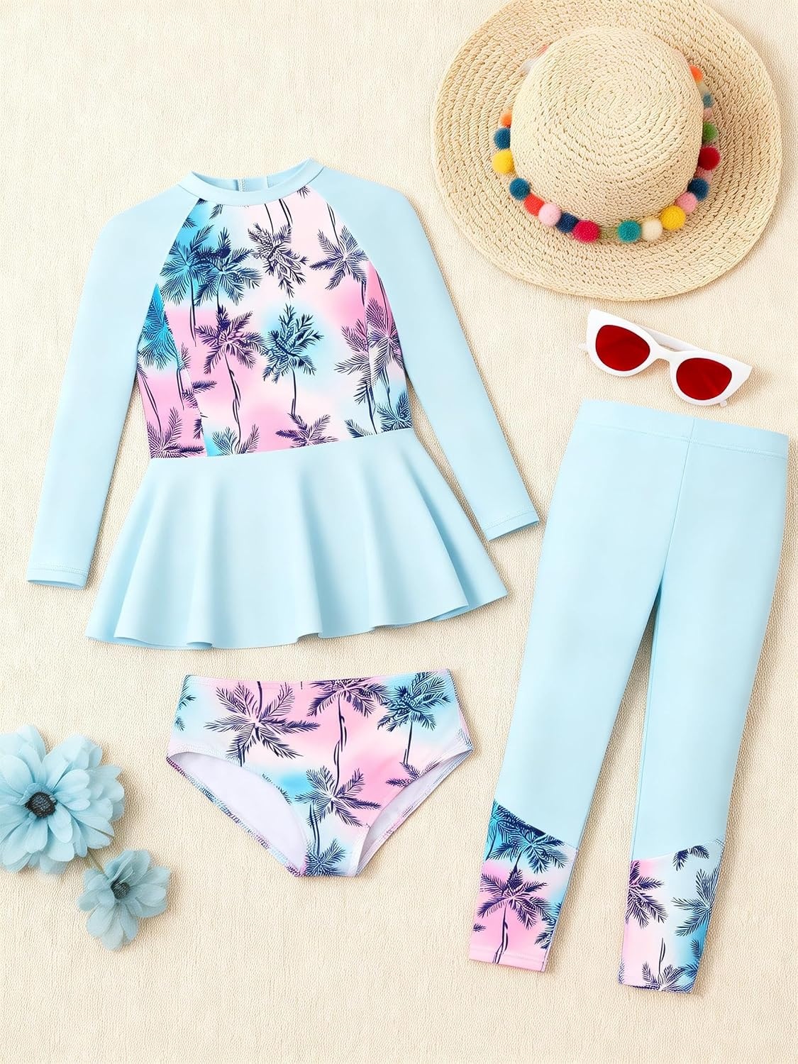 image:imageGRACE KARIN Girls Long Sleeve Rash Guard Bathing Swimsuits Swimwear 616Coconut Plam