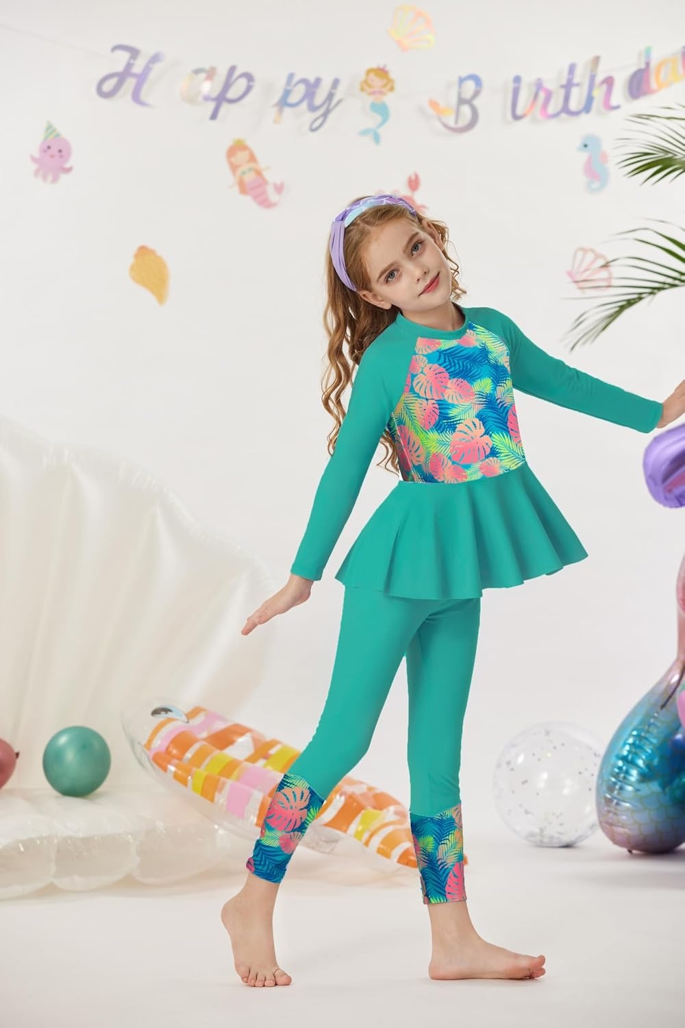 image:imageGRACE KARIN Girls Long Sleeve Rash Guard Bathing Swimsuits Swimwear 616Greenleaves