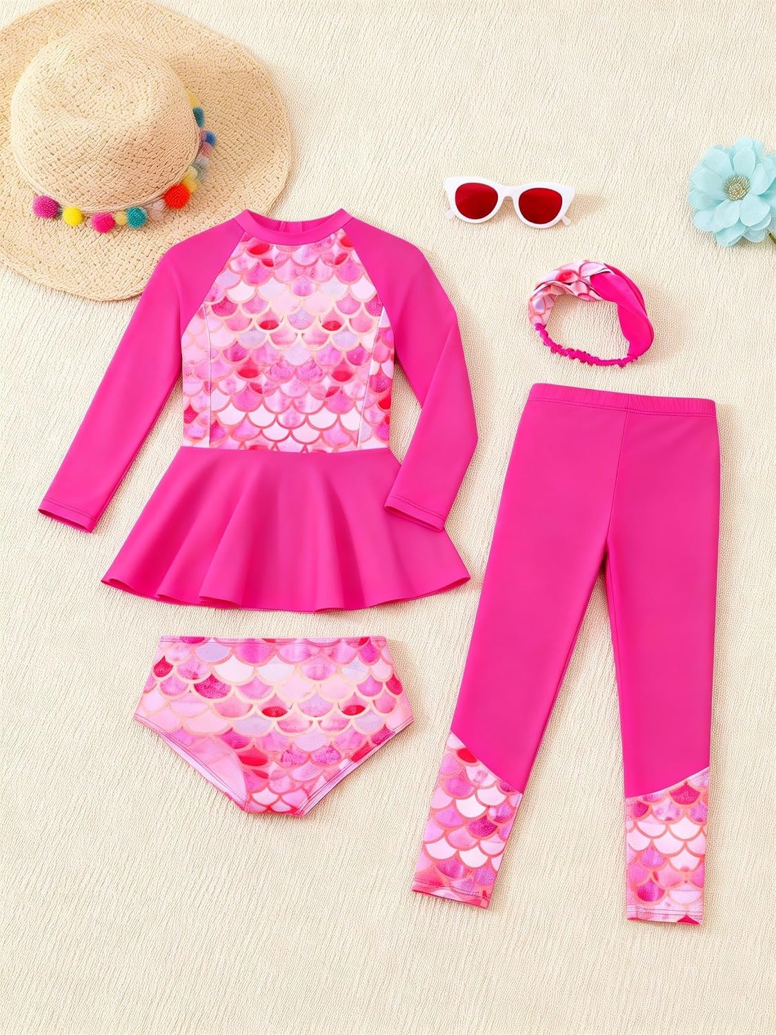 image:imageGRACE KARIN Girls Long Sleeve Rash Guard Bathing Swimsuits Swimwear 616Hot Pinkmermaid