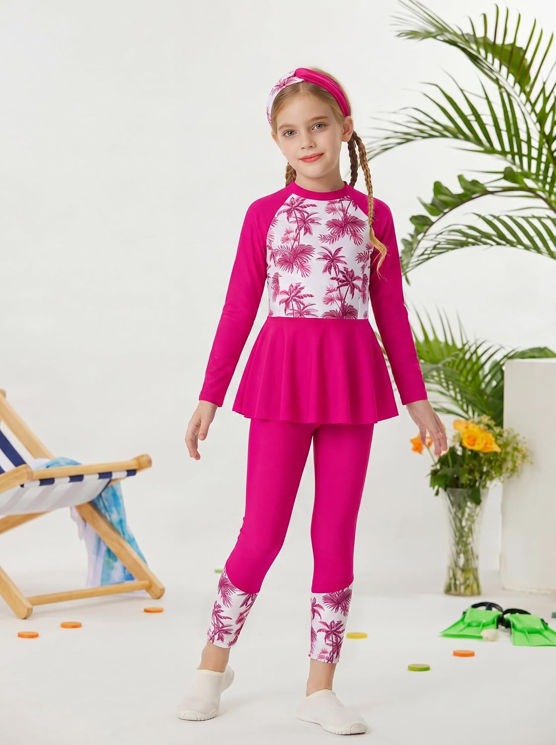 image:imageGRACE KARIN Girls Long Sleeve Rash Guard Bathing Swimsuits Swimwear 616Magenta Coconut Tree
