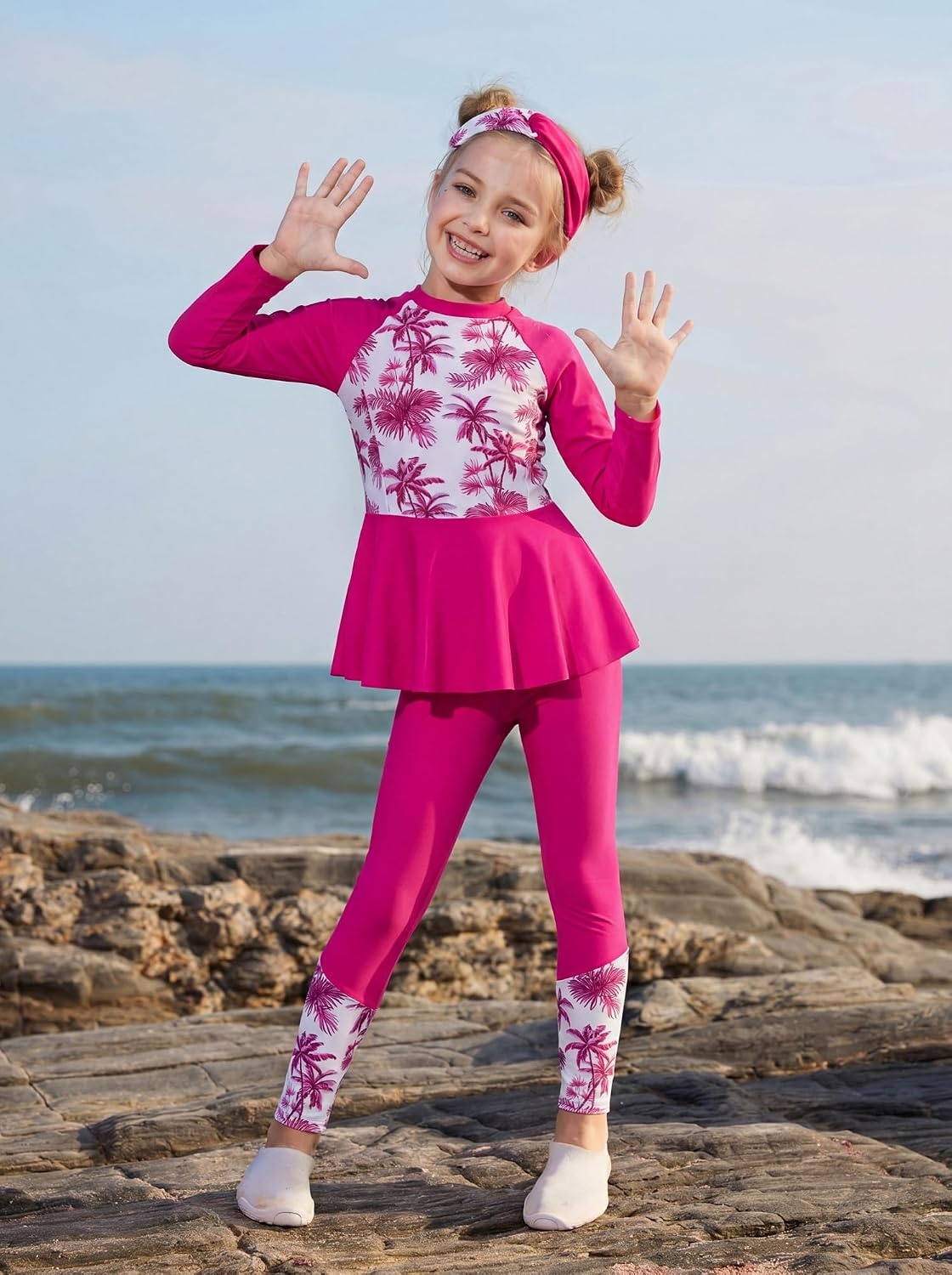 image:imageGRACE KARIN Girls Long Sleeve Rash Guard Bathing Swimsuits Swimwear 616Magenta Coconut Tree