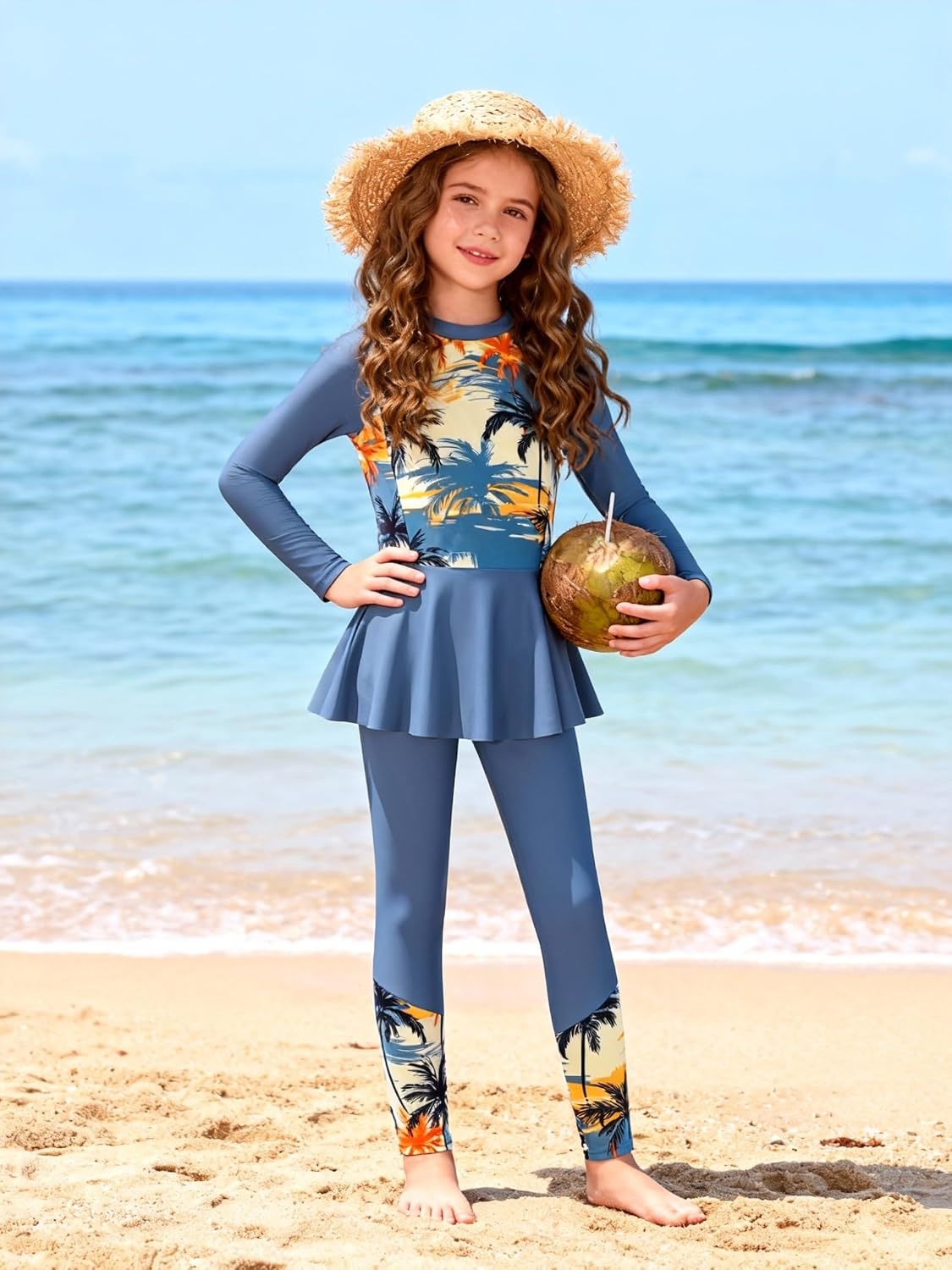 image:imageGRACE KARIN Girls Long Sleeve Rash Guard Bathing Swimsuits Swimwear 616Orangecoconut Tree