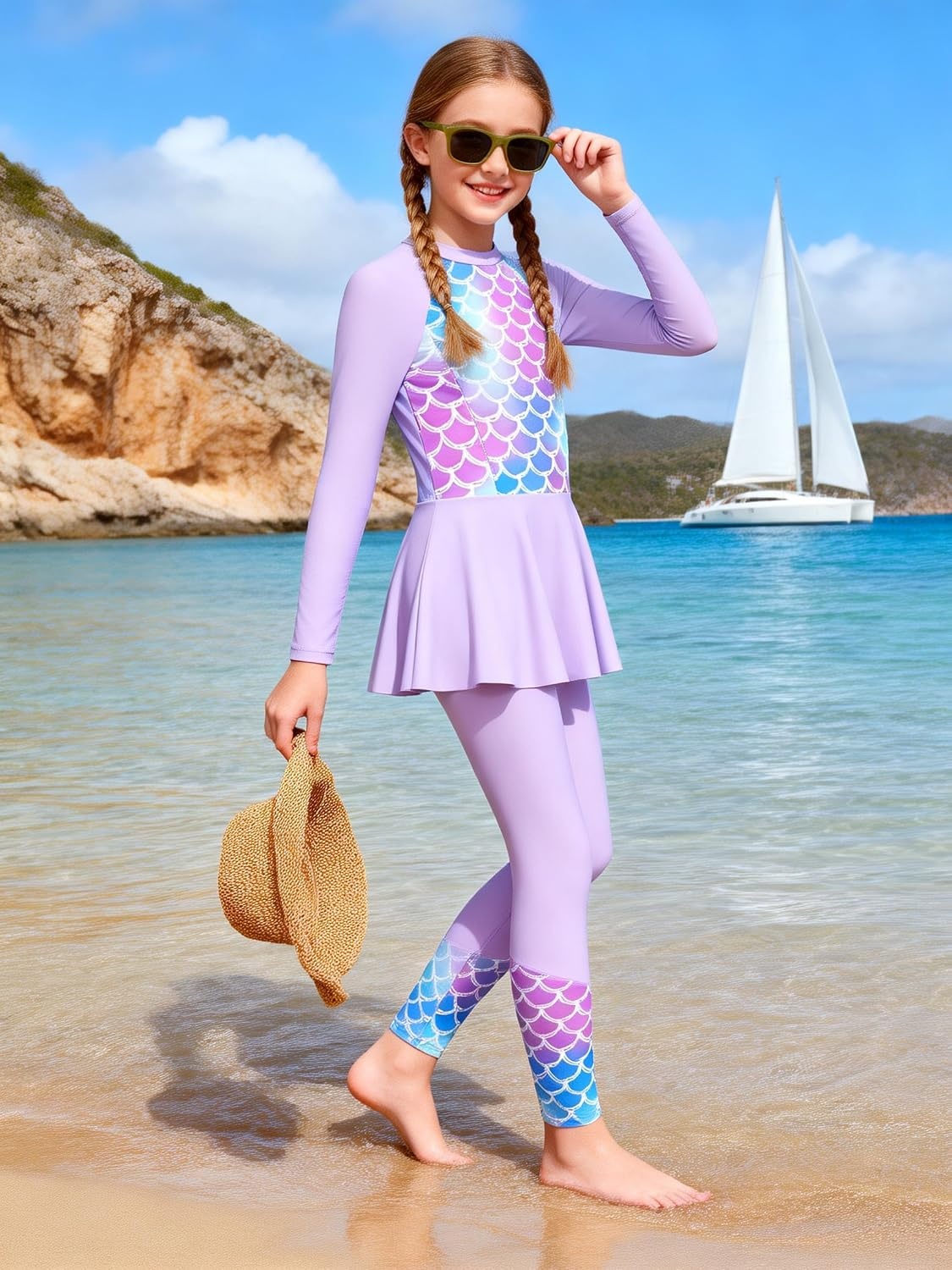image:imageGRACE KARIN Girls Long Sleeve Rash Guard Bathing Swimsuits Swimwear 616Purplemermaid