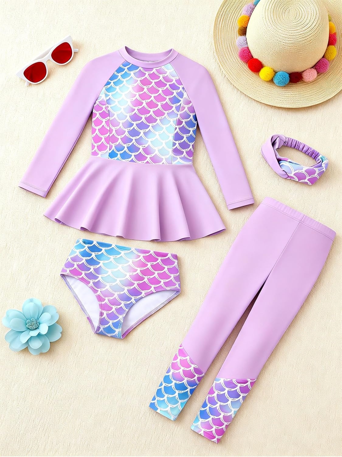 image:imageGRACE KARIN Girls Long Sleeve Rash Guard Bathing Swimsuits Swimwear 616Purplemermaid