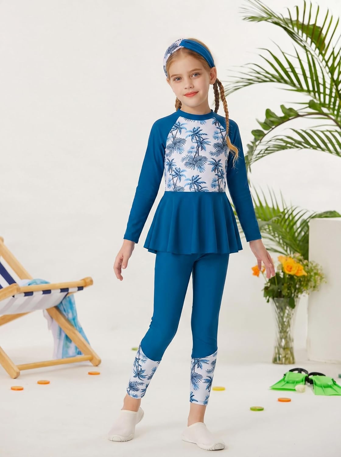 image:imageGRACE KARIN Girls Long Sleeve Rash Guard Bathing Swimsuits Swimwear 616Sapphire Blue Coconut Tree