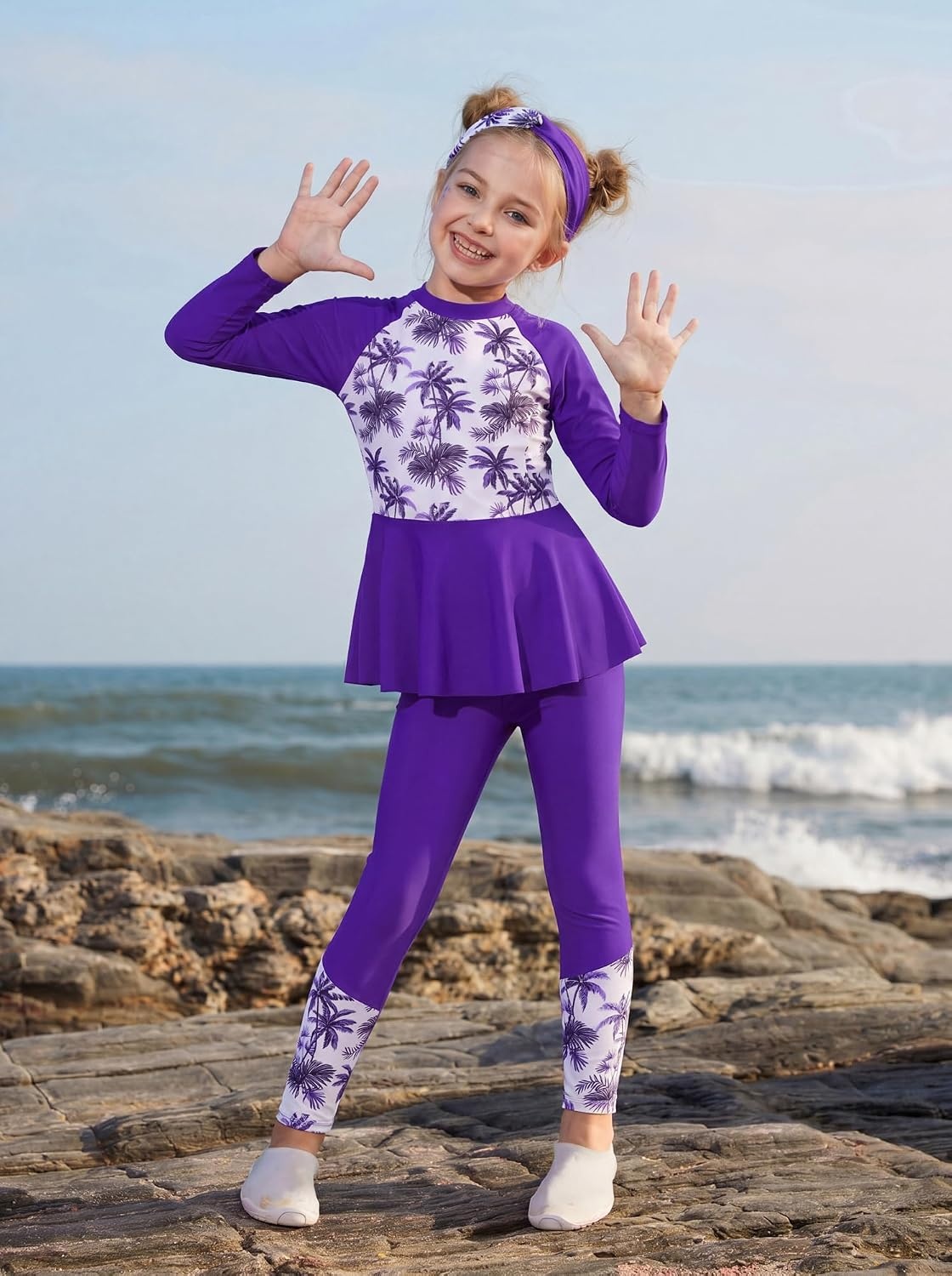 image:imageGRACE KARIN Girls Long Sleeve Rash Guard Bathing Swimsuits Swimwear 616Violet Coconut Tree