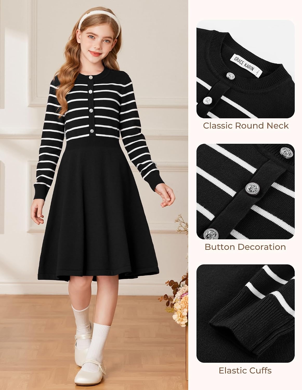 image:imageGRACE KARIN Girls Long Sleeve Sweater Knit Winter Fall Dresses for 714YBlack