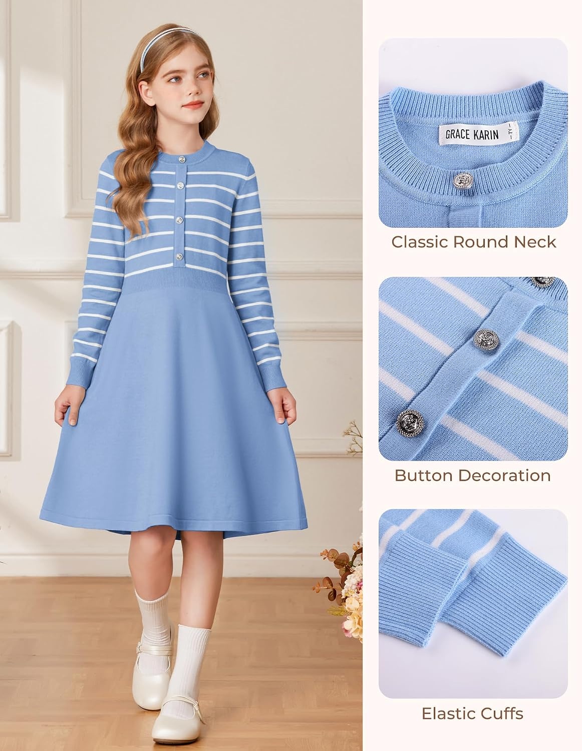 image:imageGRACE KARIN Girls Long Sleeve Sweater Knit Winter Fall Dresses for 714YLight Blue