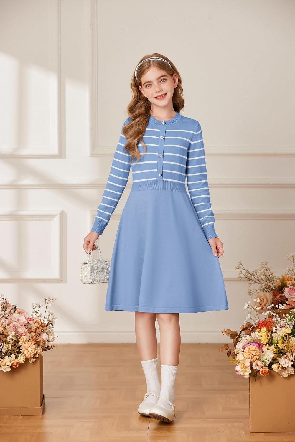 image:imageGRACE KARIN Girls Long Sleeve Sweater Knit Winter Fall Dresses for 714YLight Blue