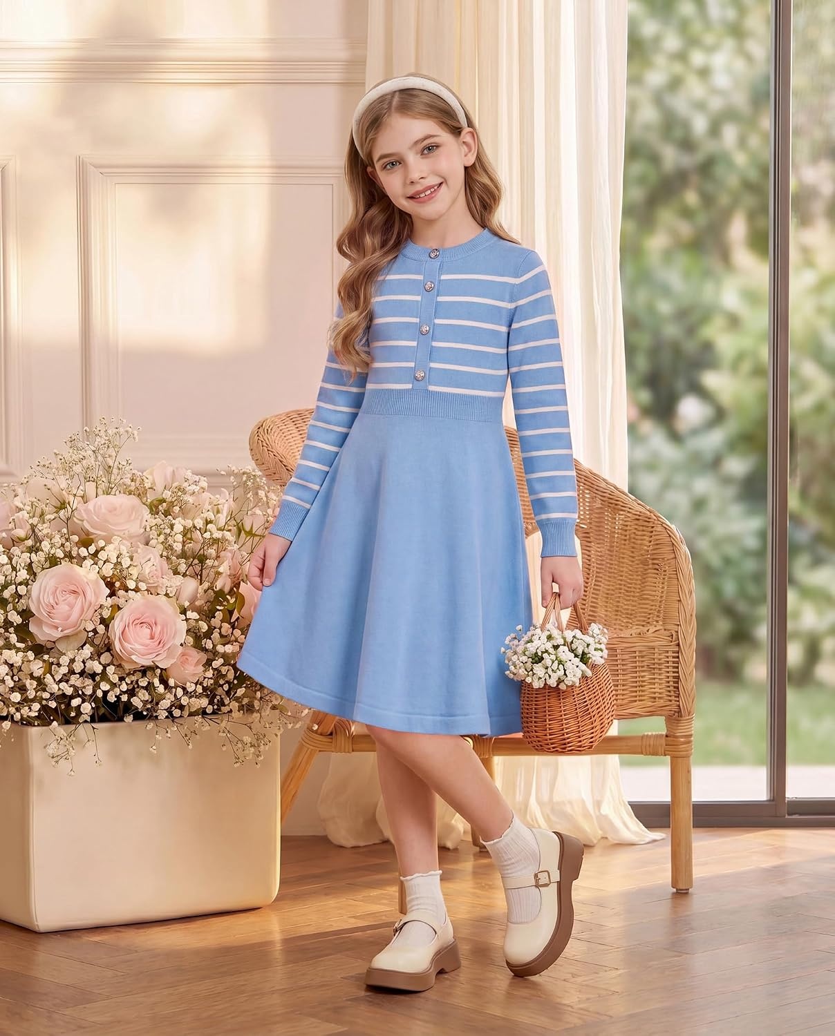 image:imageGRACE KARIN Girls Long Sleeve Sweater Knit Winter Fall Dresses for 714YLight Blue