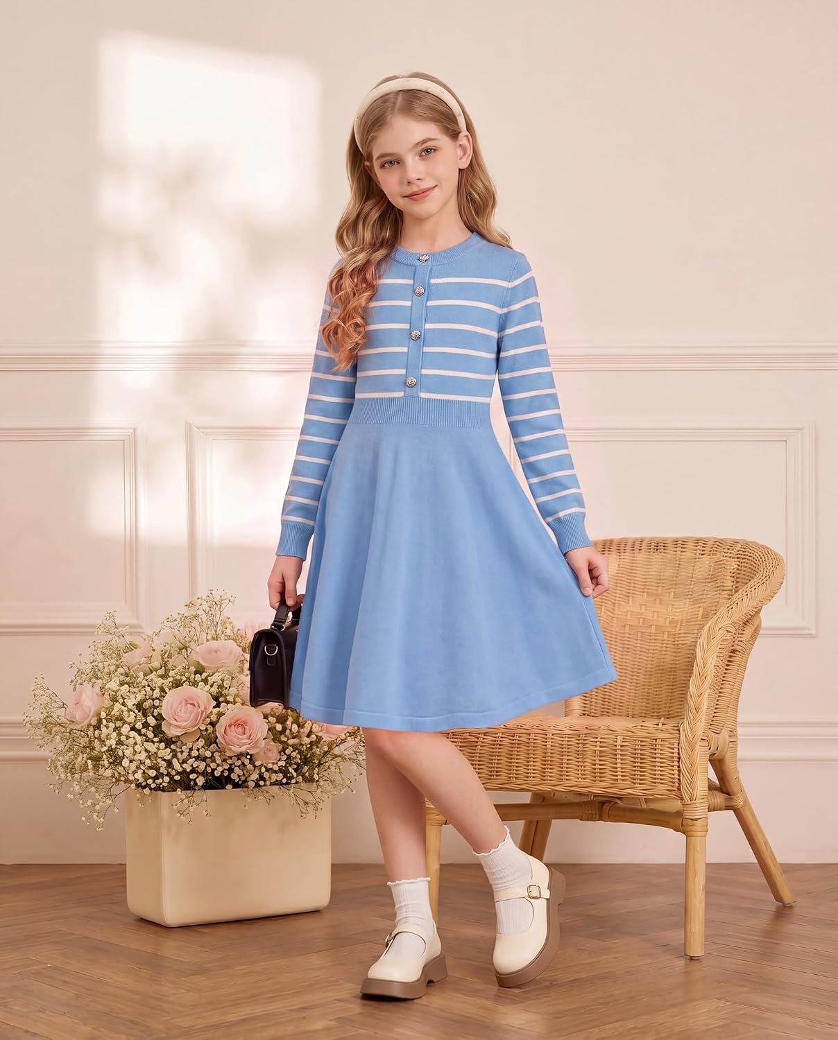 image:imageGRACE KARIN Girls Long Sleeve Sweater Knit Winter Fall Dresses for 714YLight Blue