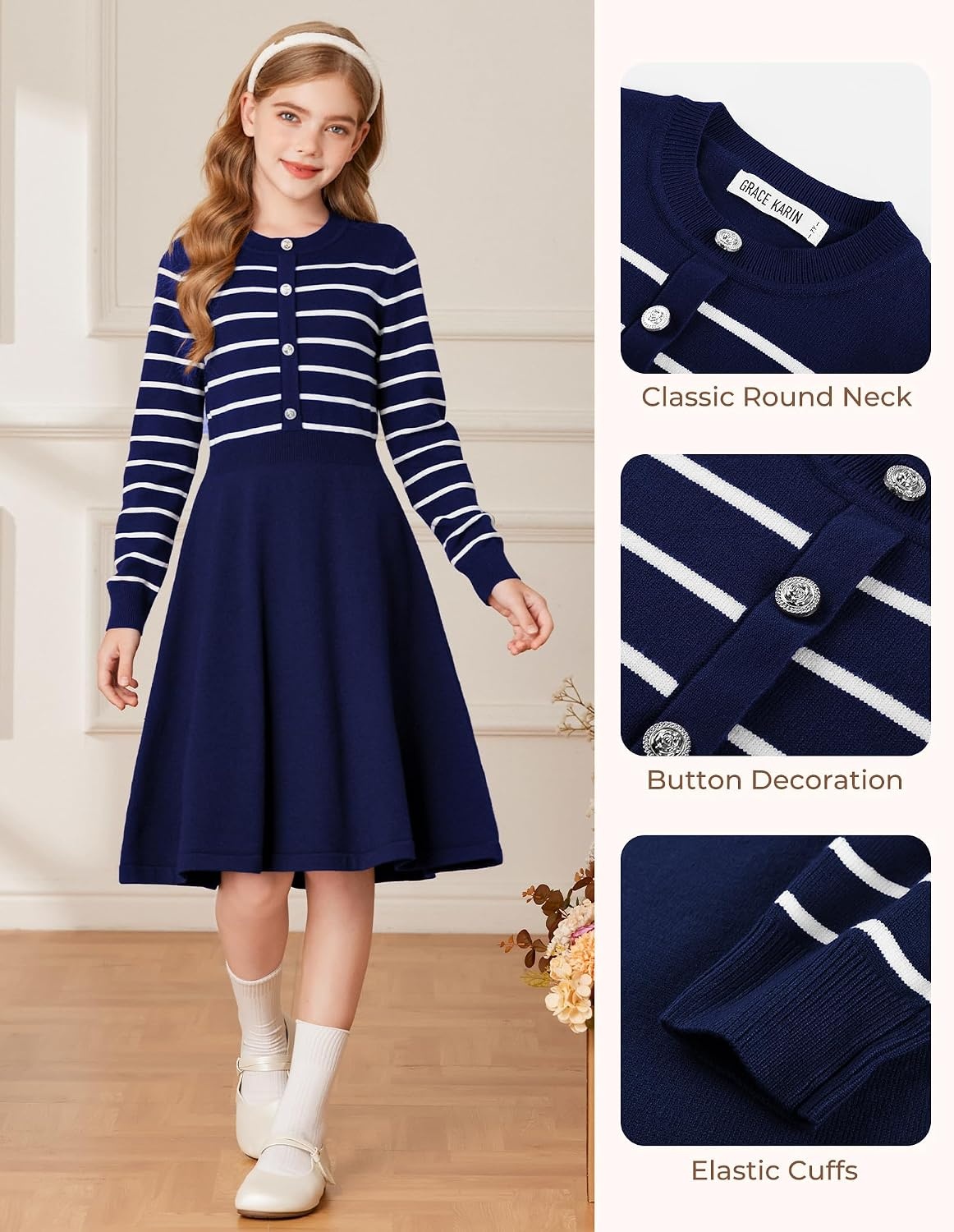 image:imageGRACE KARIN Girls Long Sleeve Sweater Knit Winter Fall Dresses for 714YNavy Blue