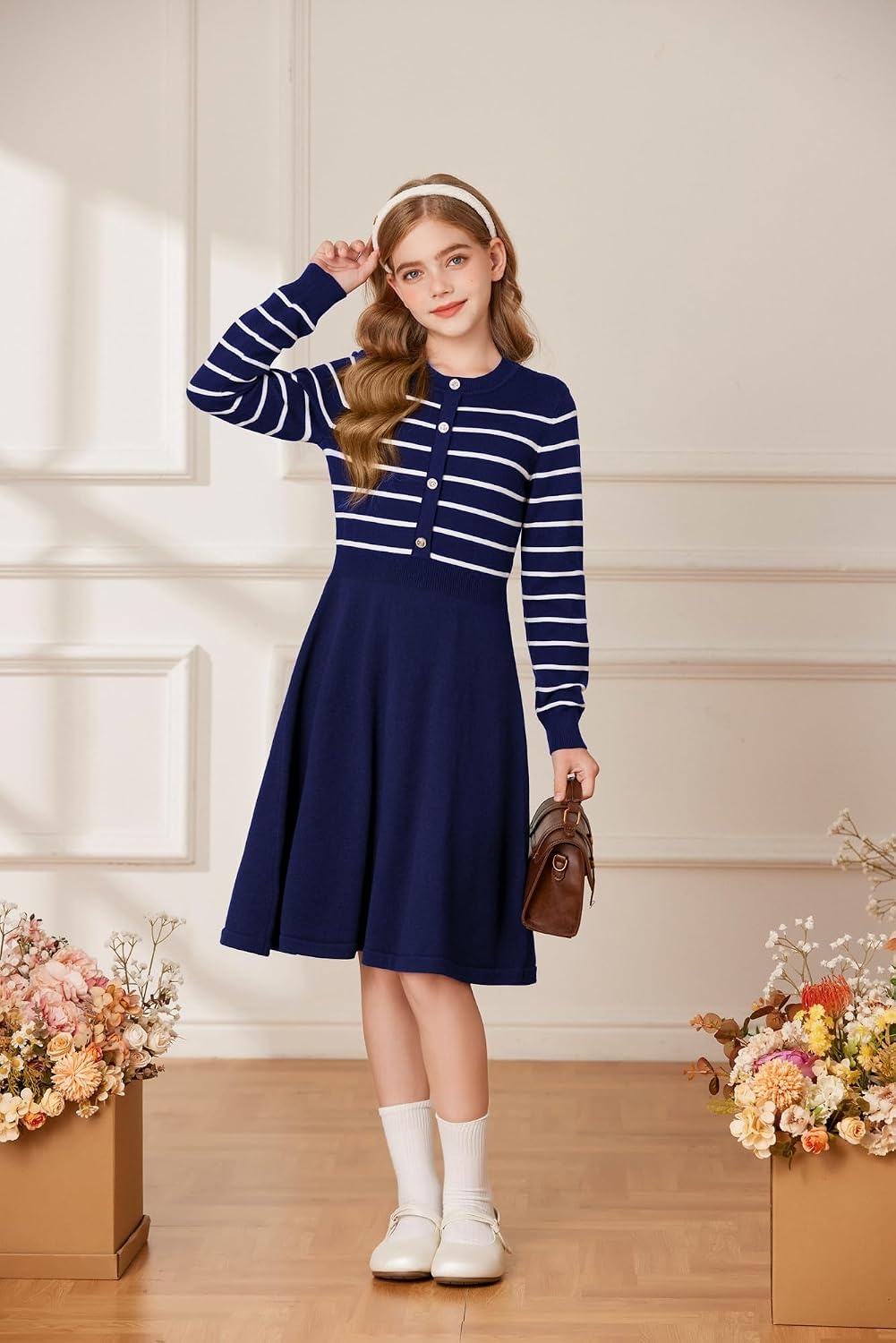 image:imageGRACE KARIN Girls Long Sleeve Sweater Knit Winter Fall Dresses for 714YNavy Blue