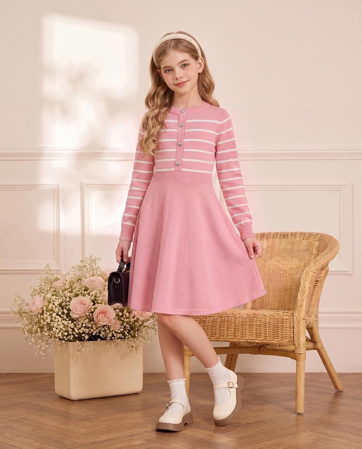 image:imageGRACE KARIN Girls Long Sleeve Sweater Knit Winter Fall Dresses for 714YPink