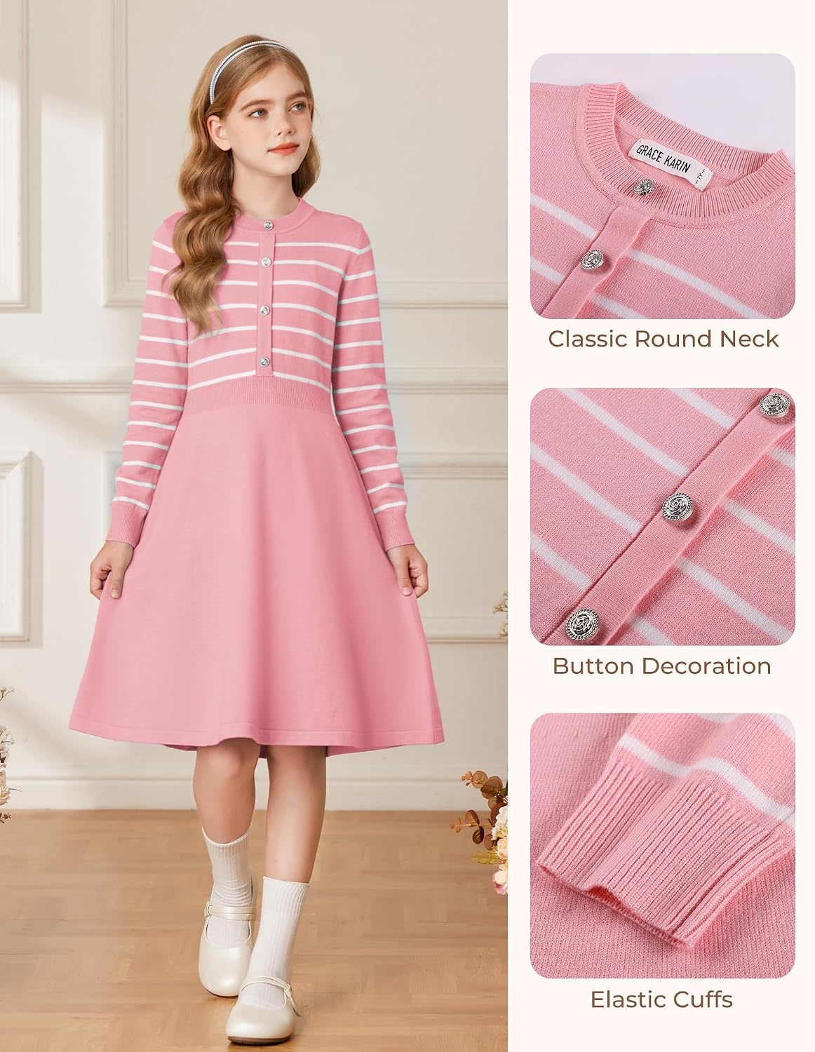 image:imageGRACE KARIN Girls Long Sleeve Sweater Knit Winter Fall Dresses for 714YPink