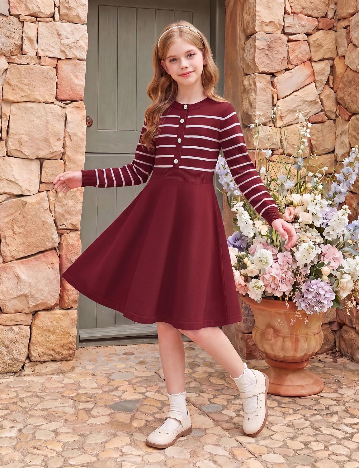 image:imageGRACE KARIN Girls Long Sleeve Sweater Knit Winter Fall Dresses for 714YRed