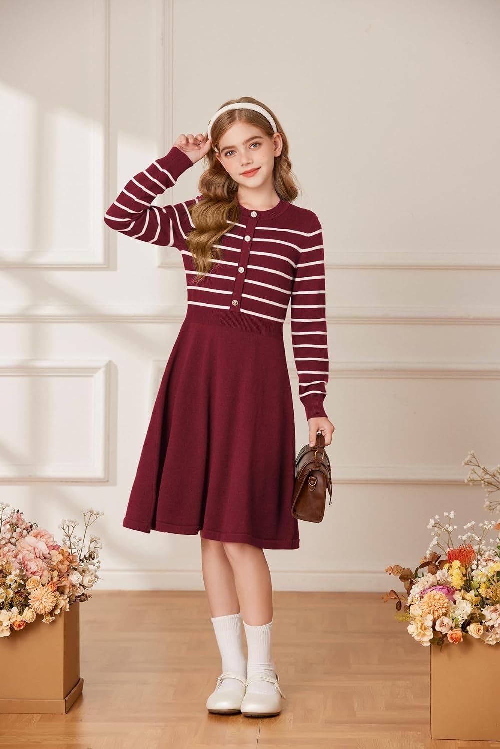 image:imageGRACE KARIN Girls Long Sleeve Sweater Knit Winter Fall Dresses for 714YRed