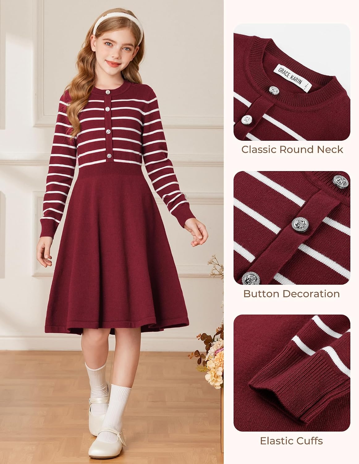 image:imageGRACE KARIN Girls Long Sleeve Sweater Knit Winter Fall Dresses for 714YRed