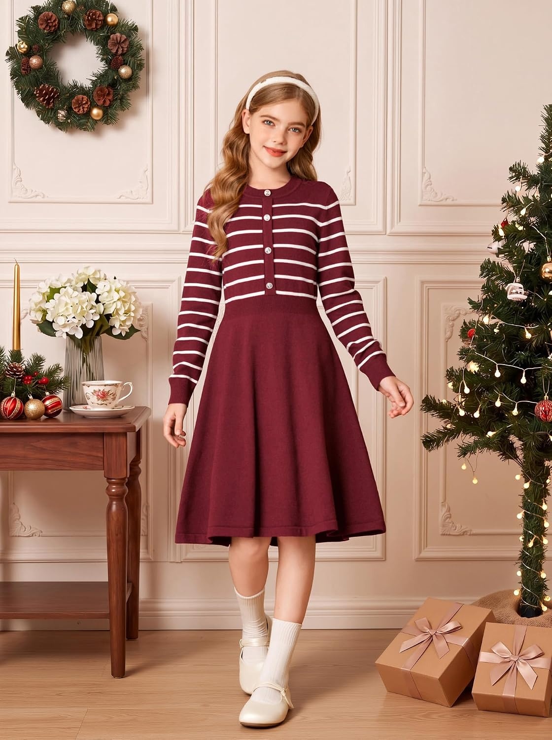 image:imageGRACE KARIN Girls Long Sleeve Sweater Knit Winter Fall Dresses for 714YRed