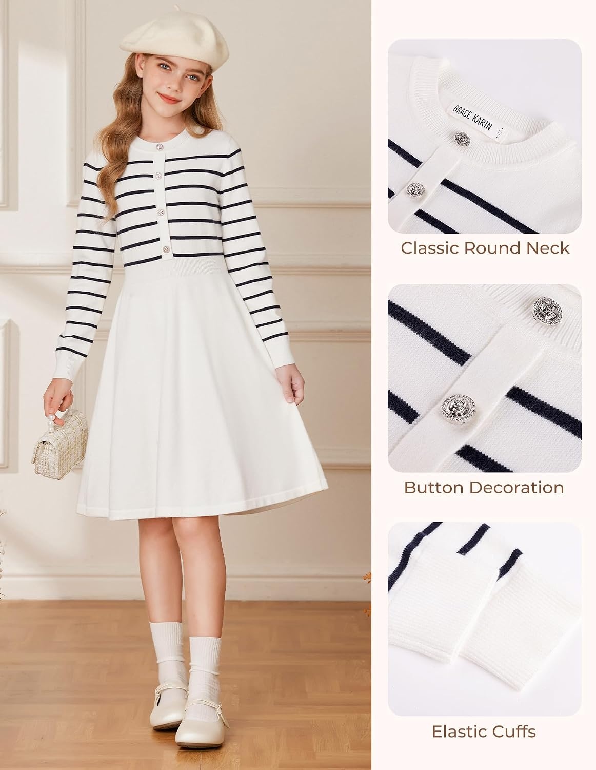 image:imageGRACE KARIN Girls Long Sleeve Sweater Knit Winter Fall Dresses for 714YWhite