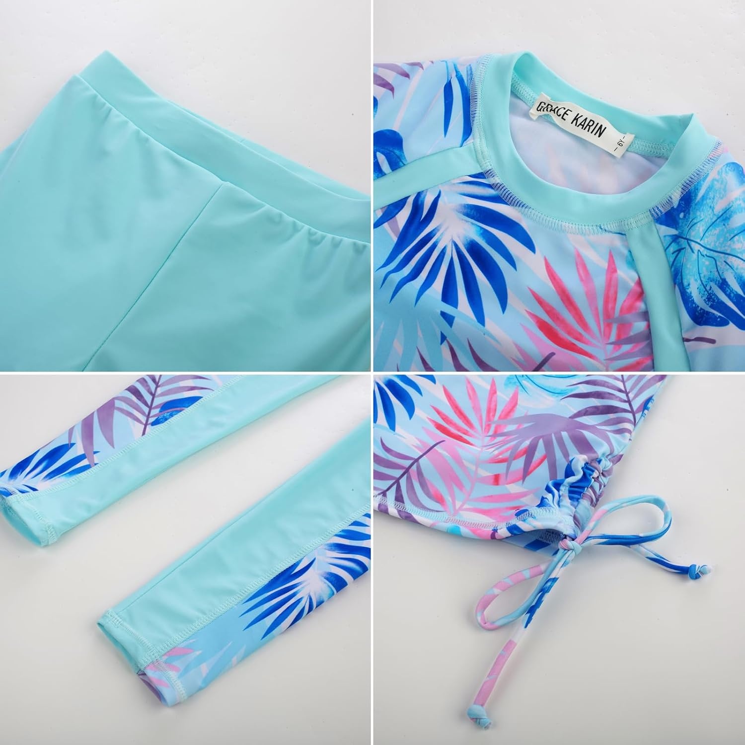 image:imageGRACE KARIN Girls Long Sleeve Swimsuit Two Piece Rashguard Floral Swimwear 614YBlue Background Purple Leaves