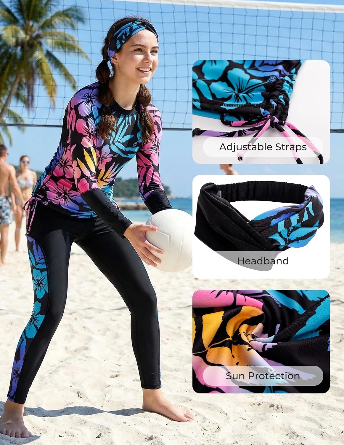 image:imageGRACE KARIN Girls Long Sleeve Swimsuit Two Piece Rashguard Floral Swimwear 614YColor Gradient