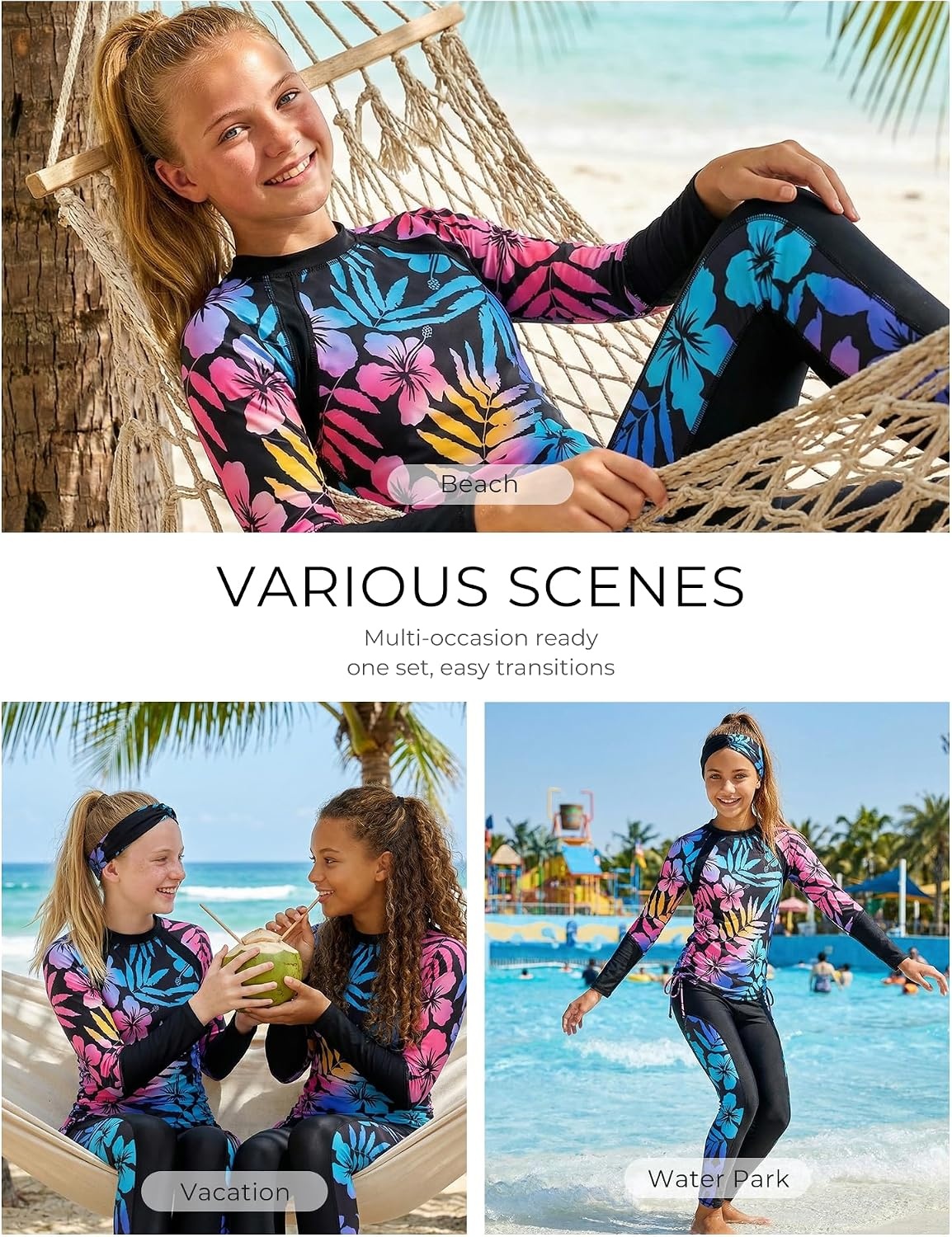 image:imageGRACE KARIN Girls Long Sleeve Swimsuit Two Piece Rashguard Floral Swimwear 614YColor Gradient