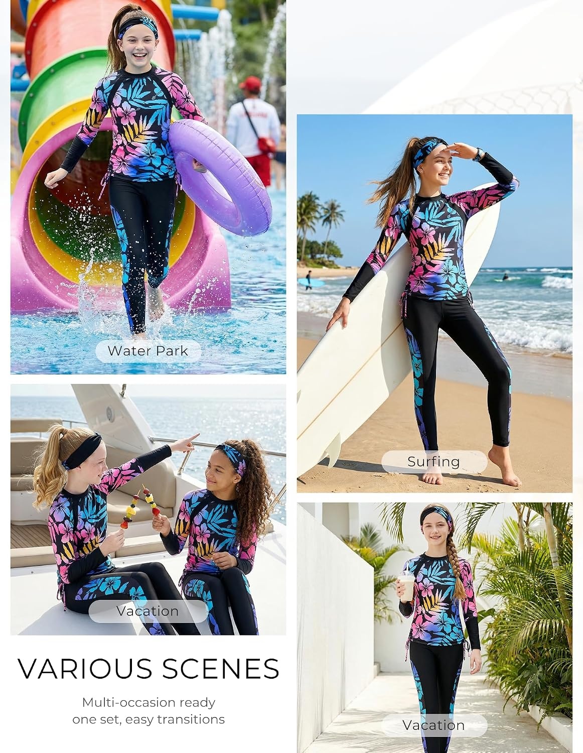 image:imageGRACE KARIN Girls Long Sleeve Swimsuit Two Piece Rashguard Floral Swimwear 614YColor Gradient