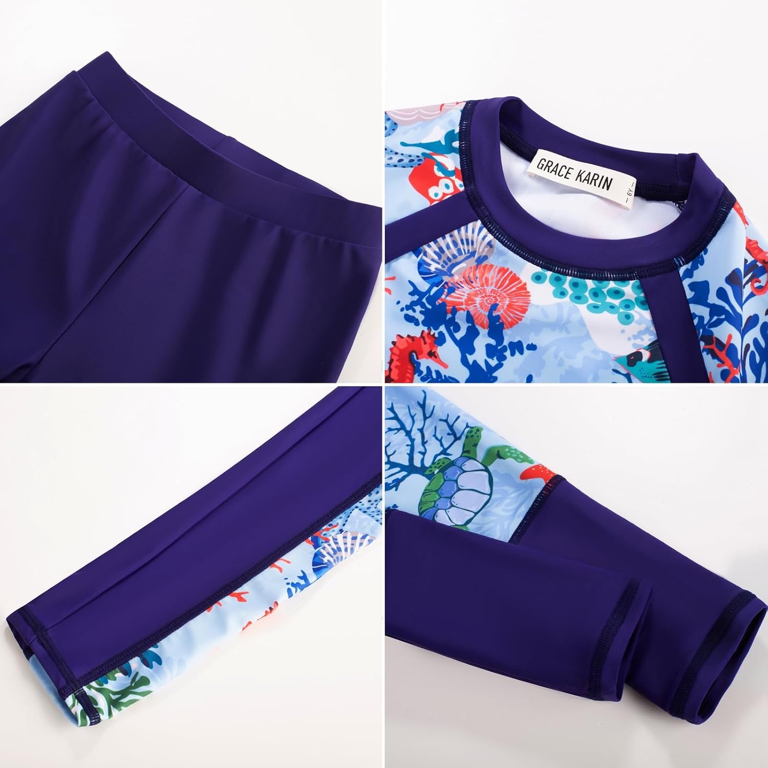 image:imageGRACE KARIN Girls Long Sleeve Swimsuit Two Piece Rashguard Floral Swimwear 614YColorful Leopard Gradient Blue Coral