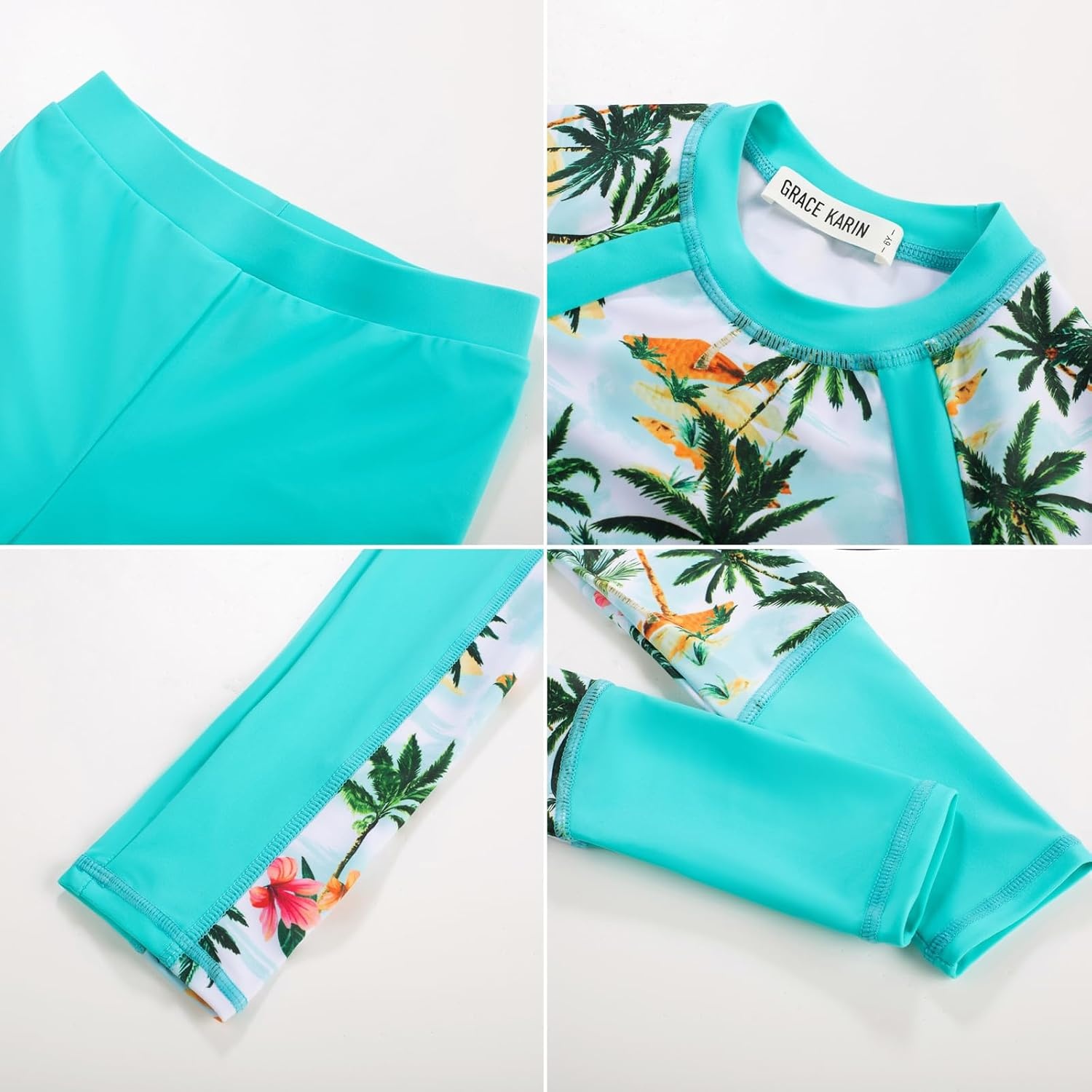 image:imageGRACE KARIN Girls Long Sleeve Swimsuit Two Piece Rashguard Floral Swimwear 614YColorful Leopard Gradient Green Coconut Tree