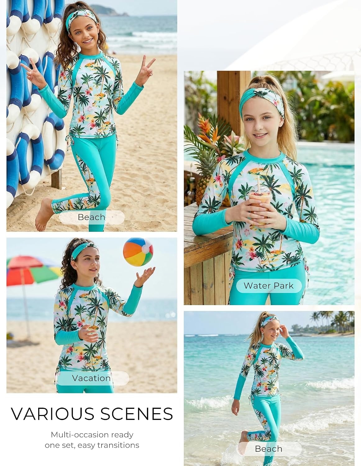 image:imageGRACE KARIN Girls Long Sleeve Swimsuit Two Piece Rashguard Floral Swimwear 614YColorful Leopard Gradient Green Coconut Tree