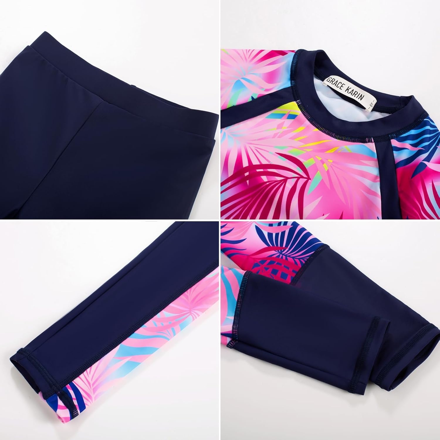 image:imageGRACE KARIN Girls Long Sleeve Swimsuit Two Piece Rashguard Floral Swimwear 614YColorful Leopard Gradient Pink Yellow Blue Leaves