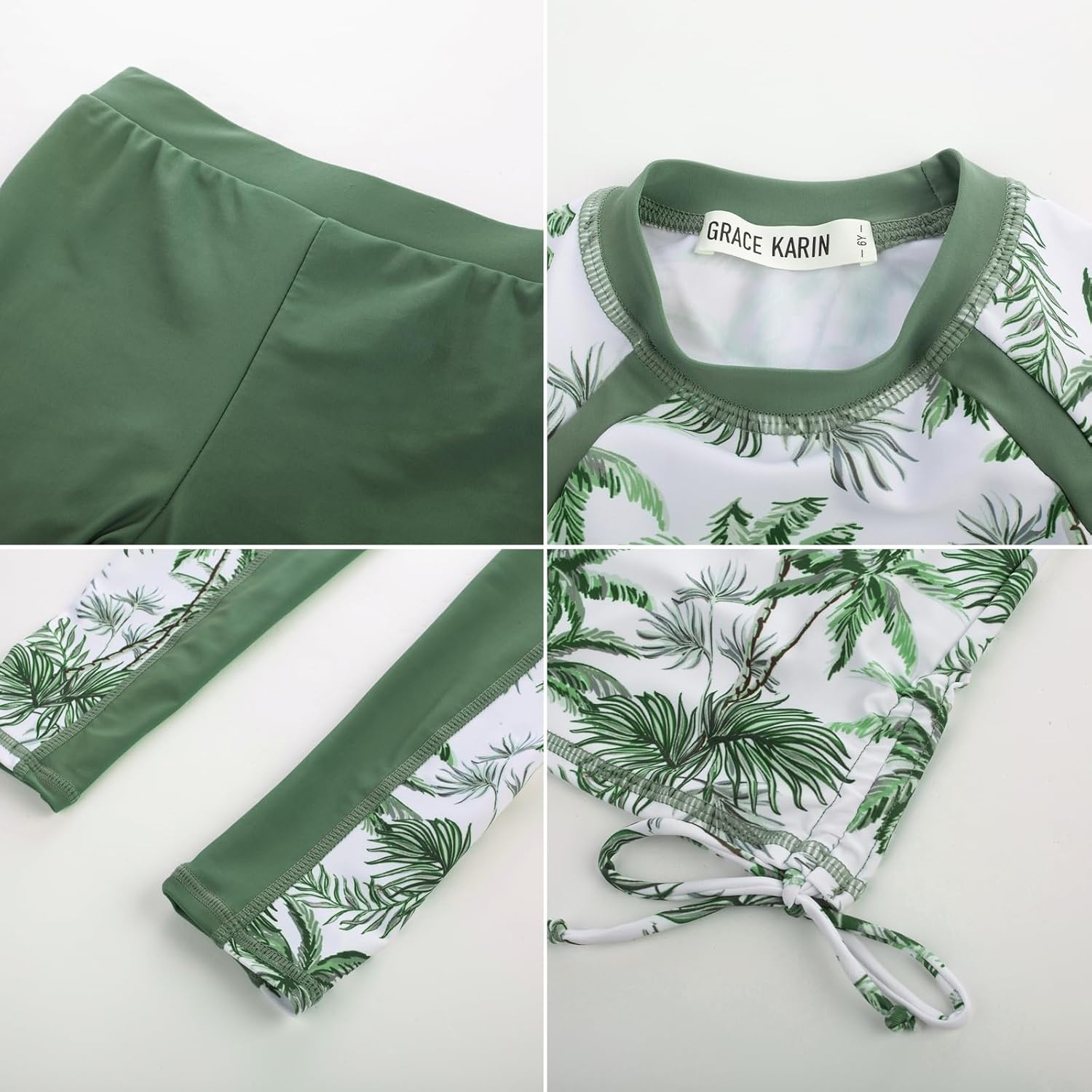 image:imageGRACE KARIN Girls Long Sleeve Swimsuit Two Piece Rashguard Floral Swimwear 614YGreen Coconut Tree