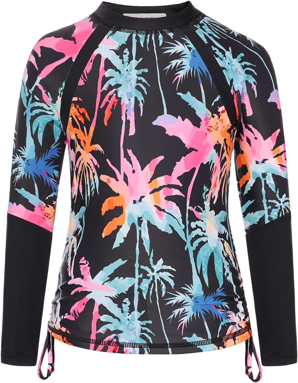 image:imageGRACE KARIN Girls Long Sleeve Swimsuit Two Piece Rashguard Floral Swimwear 614YIridescent Tropical Palm Print on Black
